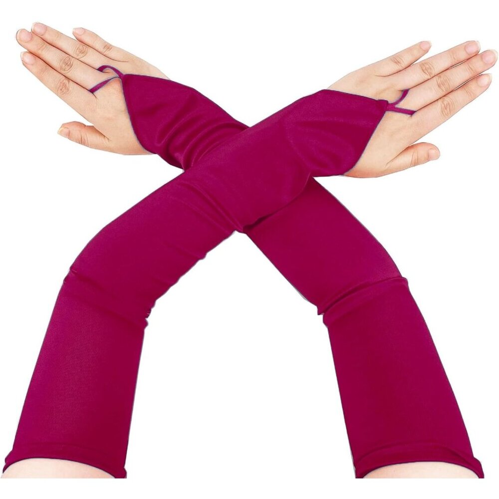 Women's Wine Long Satin Finger Loop Fabric Gloves Opera Party Prom Costume